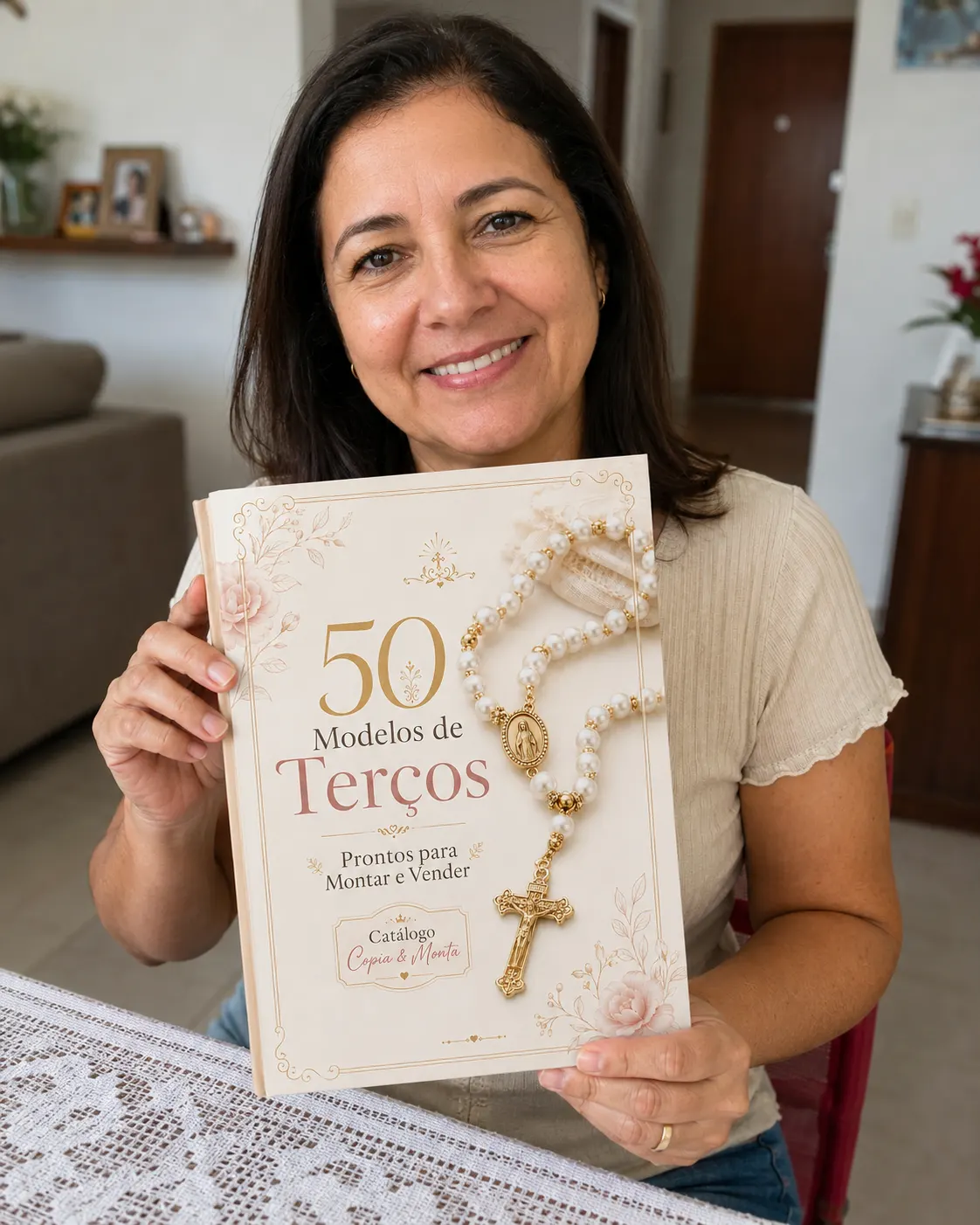 Artesã com catálogo de terços