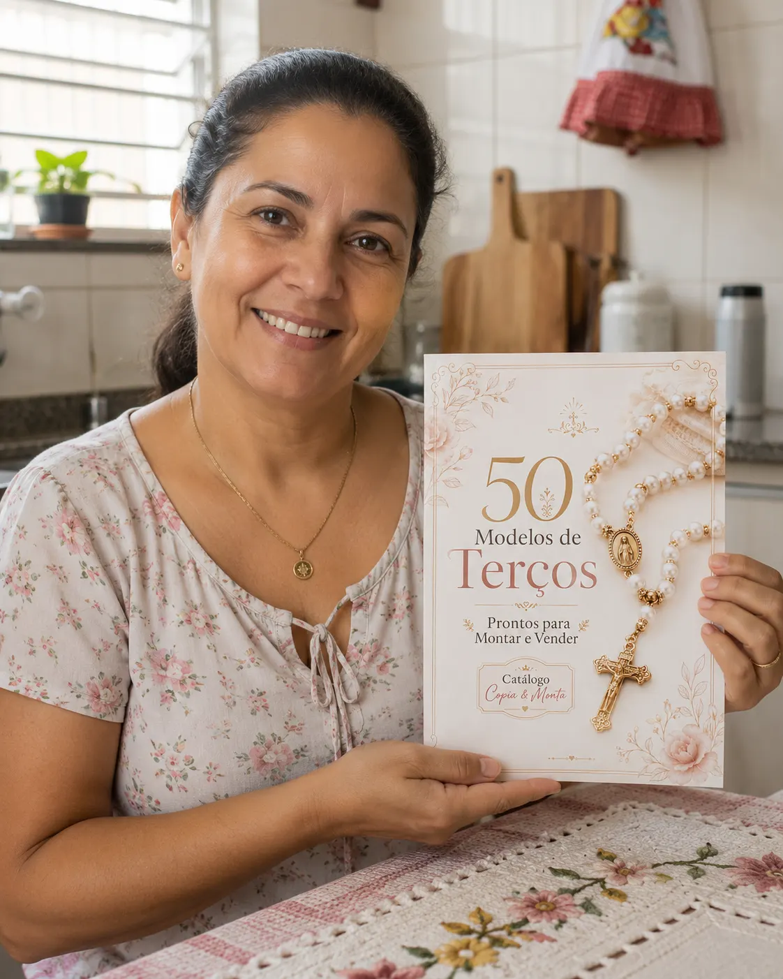 Artesã montando terço