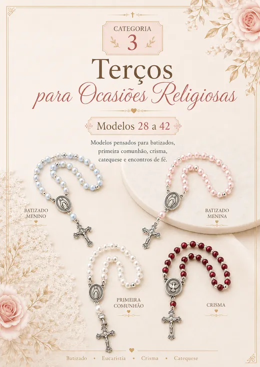 Página do Catálogo de Terços apresentando uma categoria de modelos prontos para montar
