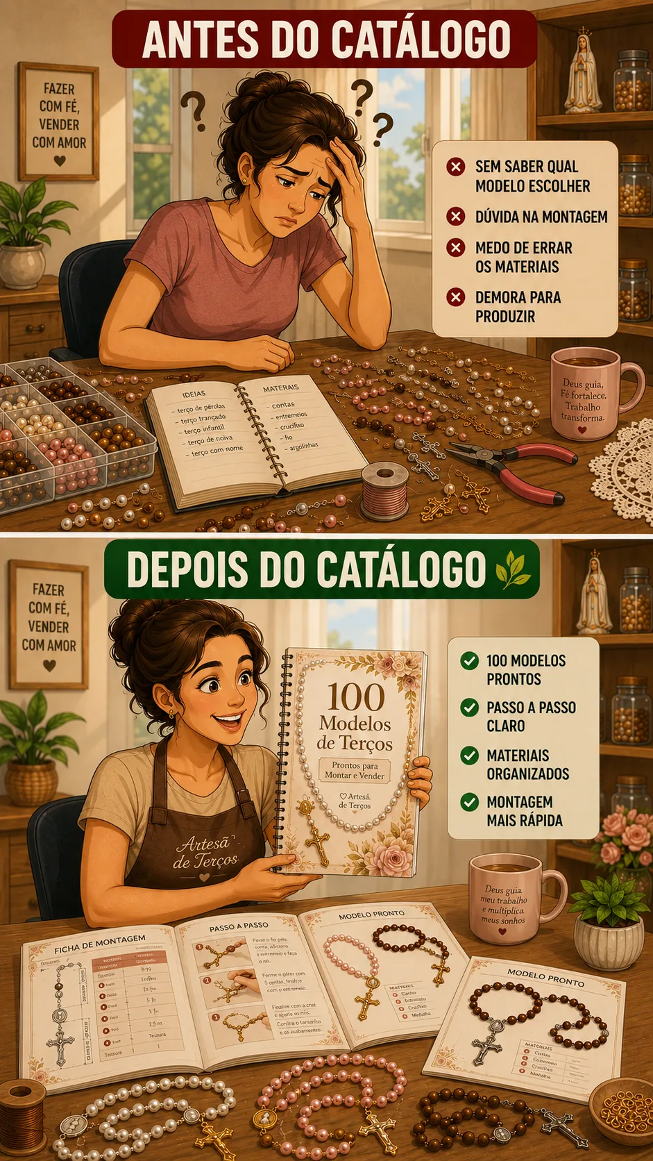Comparação antes e depois do catálogo: antes, a artesã aparece confusa, sem saber qual modelo escolher, com dúvida na montagem, medo de errar os materiais e demora para produzir; depois, confiante segurando o catálogo com 100 modelos prontos, passo a passo claro, materiais organizados e montagem mais rápida