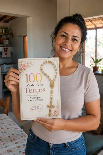 Cliente com o Catálogo de Terços impresso em mãos