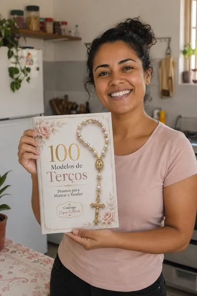 Cliente com o Catálogo de Terços impresso em mãos