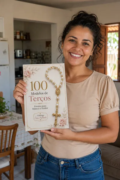 Cliente com o Catálogo de Terços impresso em mãos