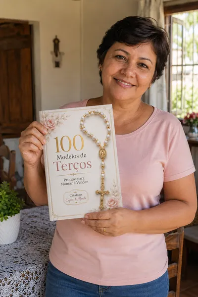 Cliente com o Catálogo de Terços impresso em mãos