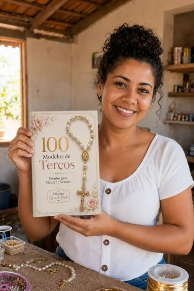 Cliente com o Catálogo de Terços impresso em mãos