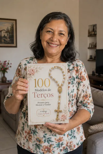 Cliente com o Catálogo de Terços impresso em mãos