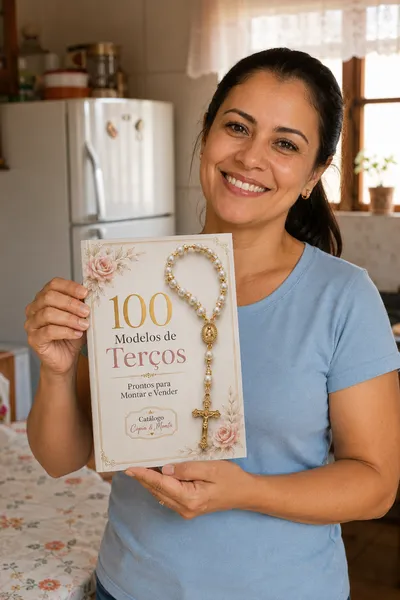Cliente com o Catálogo de Terços impresso em mãos