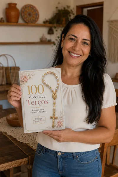 Cliente com o Catálogo de Terços impresso em mãos