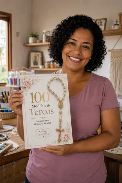 Cliente com o Catálogo de Terços impresso em mãos