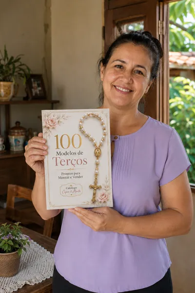 Cliente com o Catálogo de Terços impresso em mãos