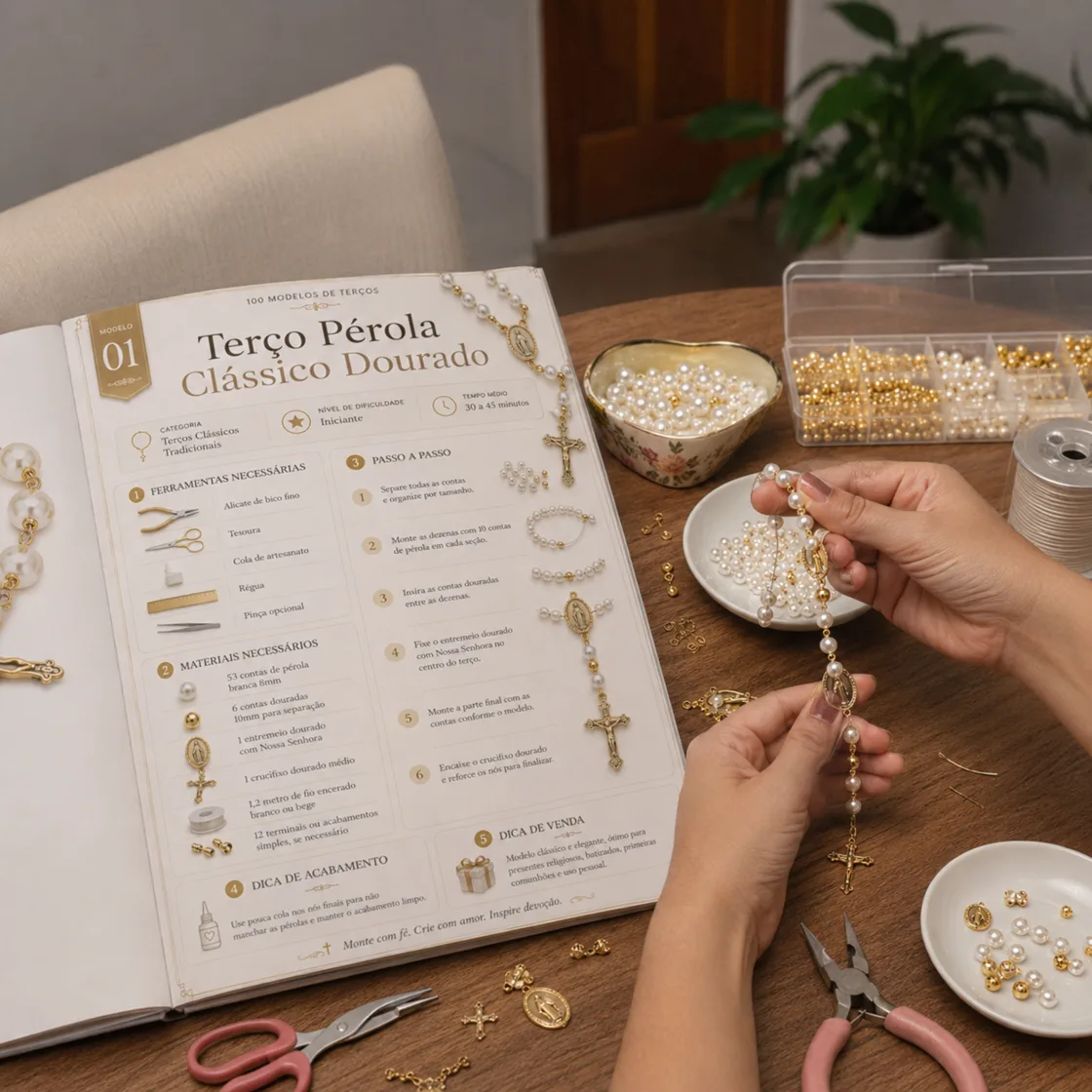 Catálogo de Terços aberto no modelo Terço Pérola Clássico Dourado, com ficha de montagem e materiais, enquanto as mãos montam a peça
