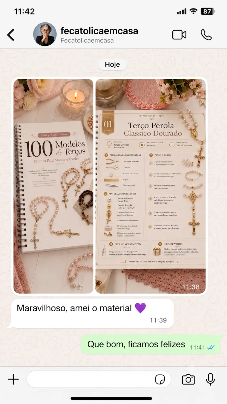 Cliente diz pelo WhatsApp que amou o material do Catálogo de Terços