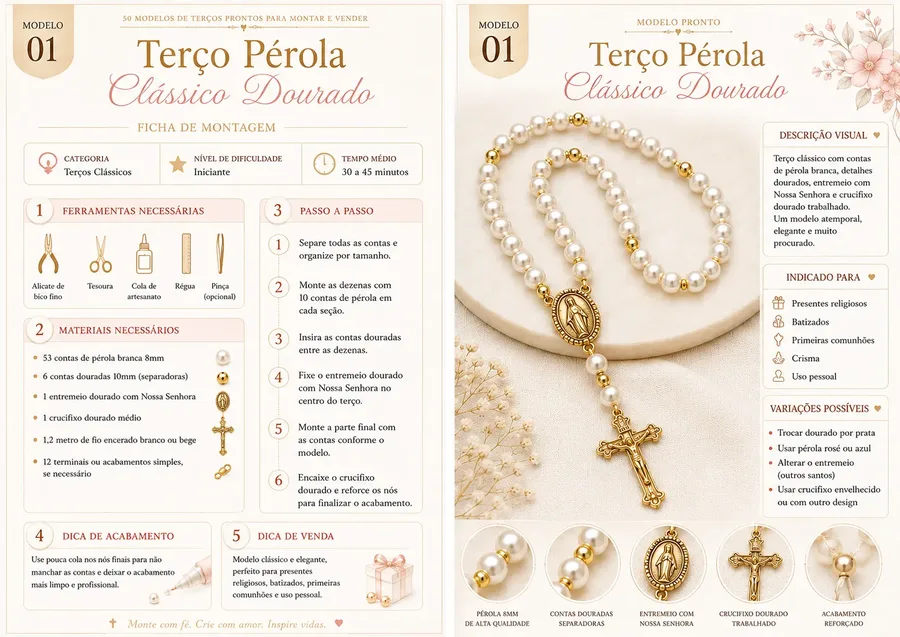 Página dupla do Catálogo de Terços com modelos prontos e detalhes de montagem