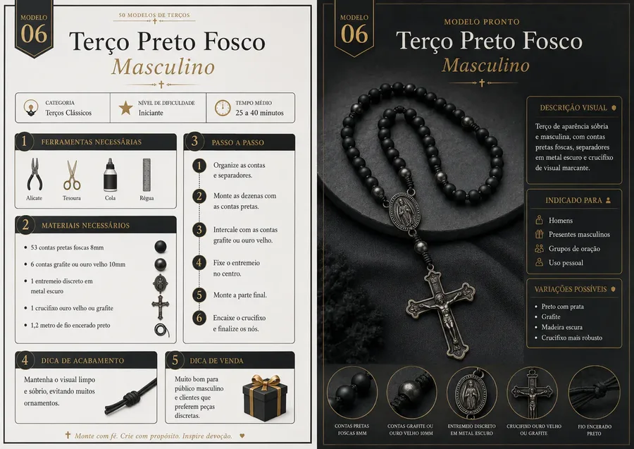 Página dupla do Catálogo de Terços com modelos prontos e detalhes de montagem