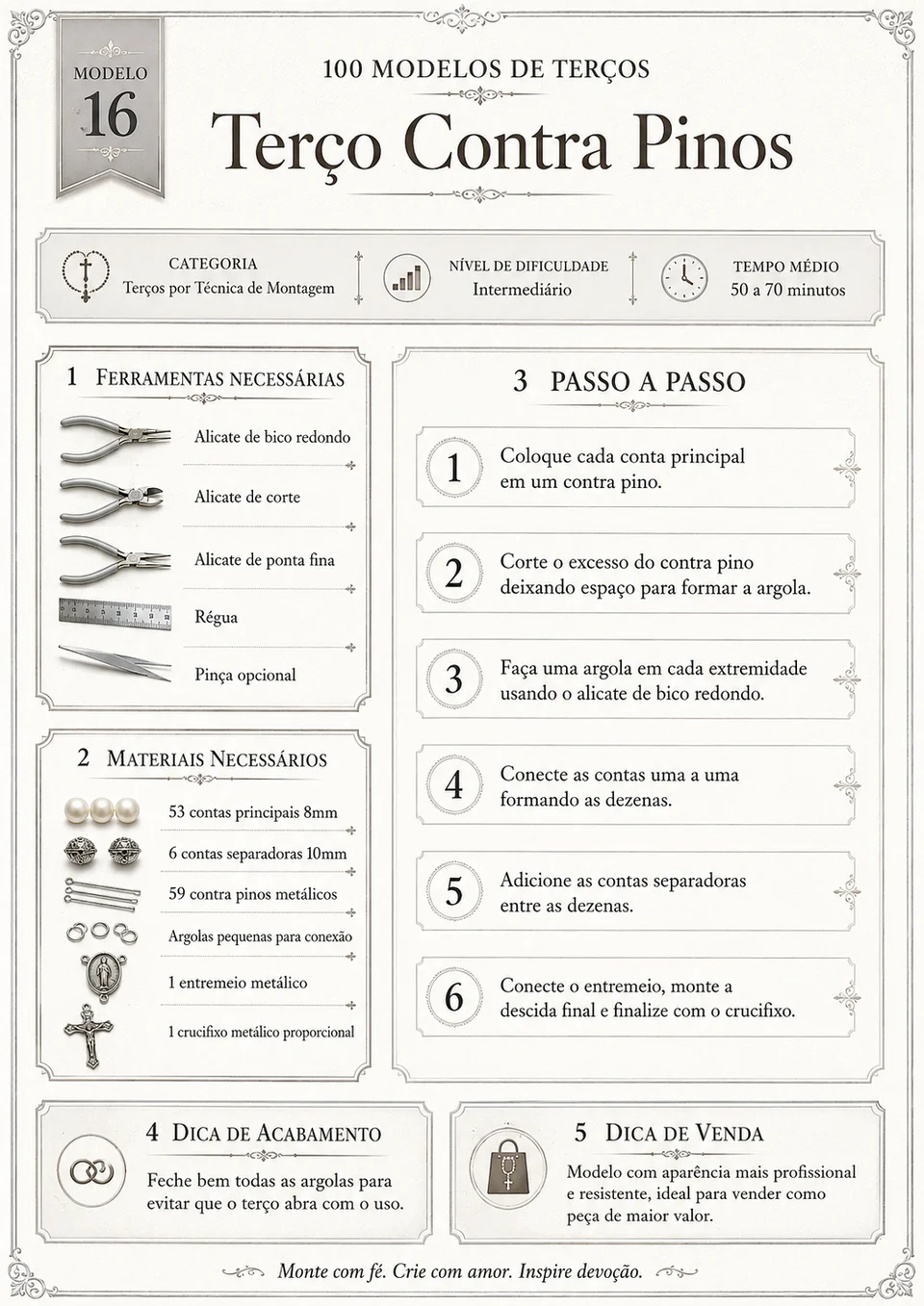 Ficha do modelo 16 do catálogo: Terço Contra Pinos, com ferramentas, materiais e passo a passo
