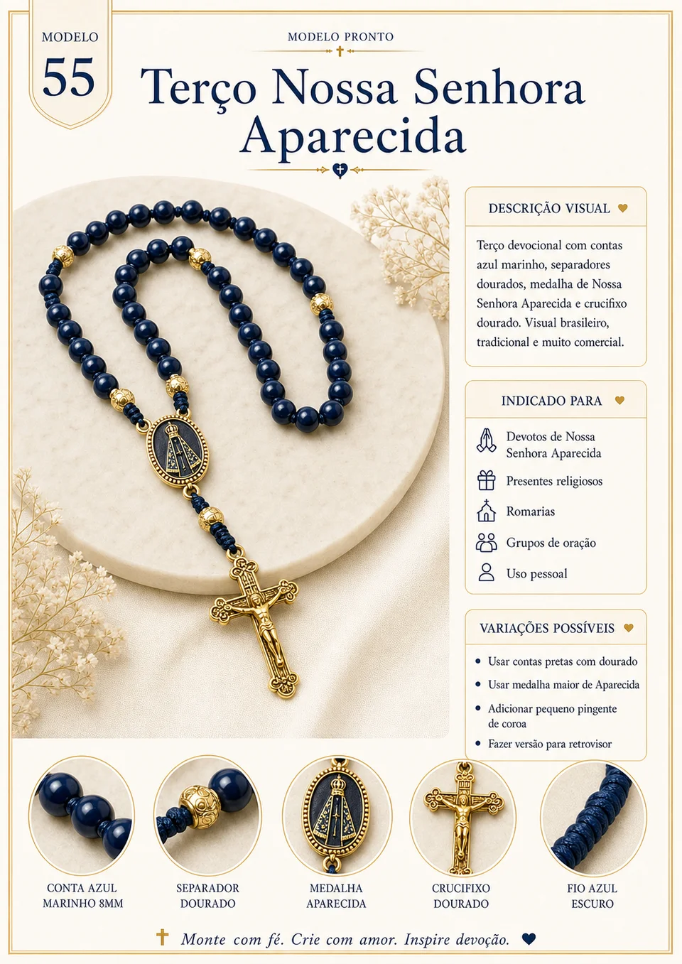 Ficha do modelo 55 do catálogo: Terço Nossa Senhora Aparecida pronto, com descrição visual e variações