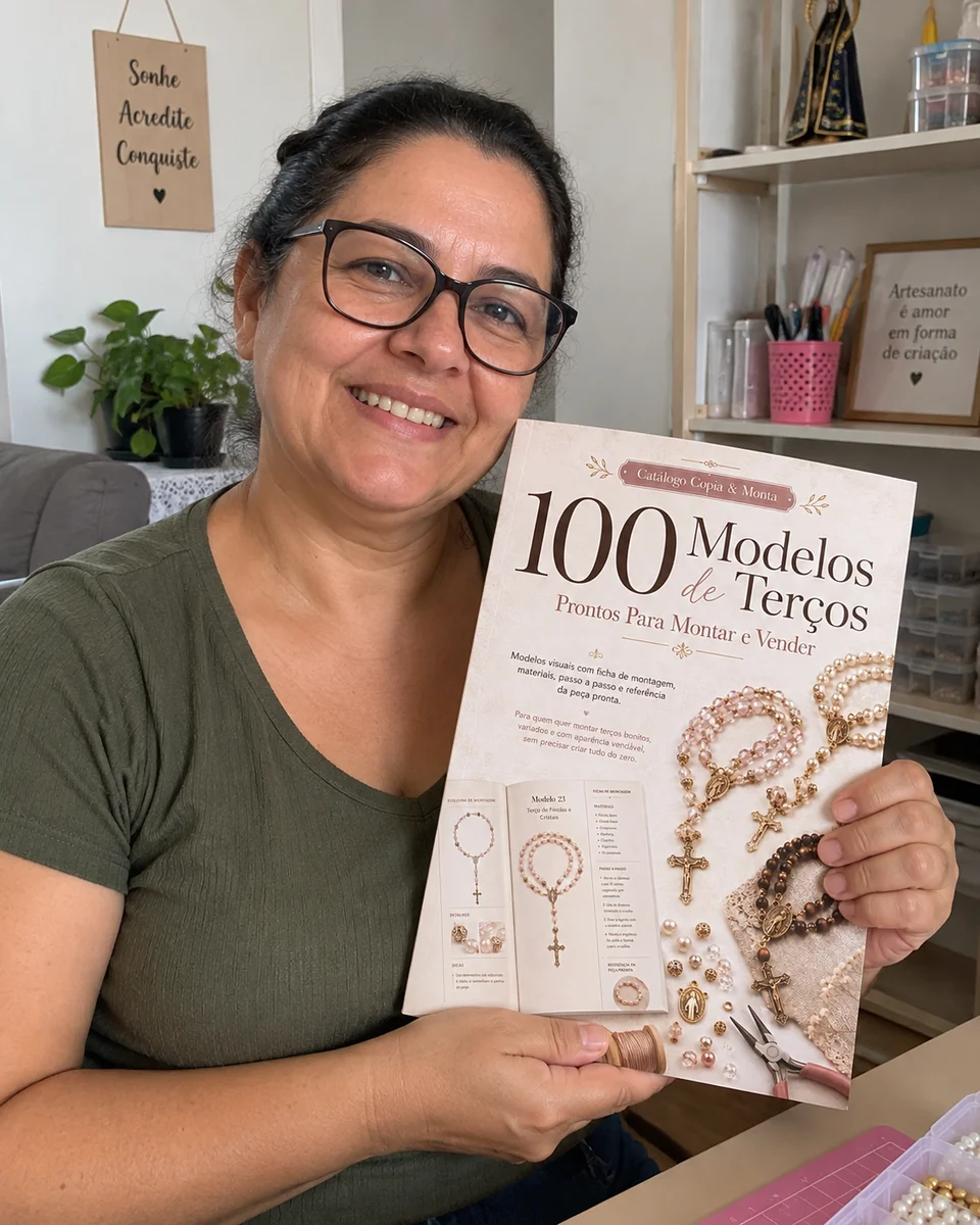 Mulher segurando o Catálogo Técnico de Terços