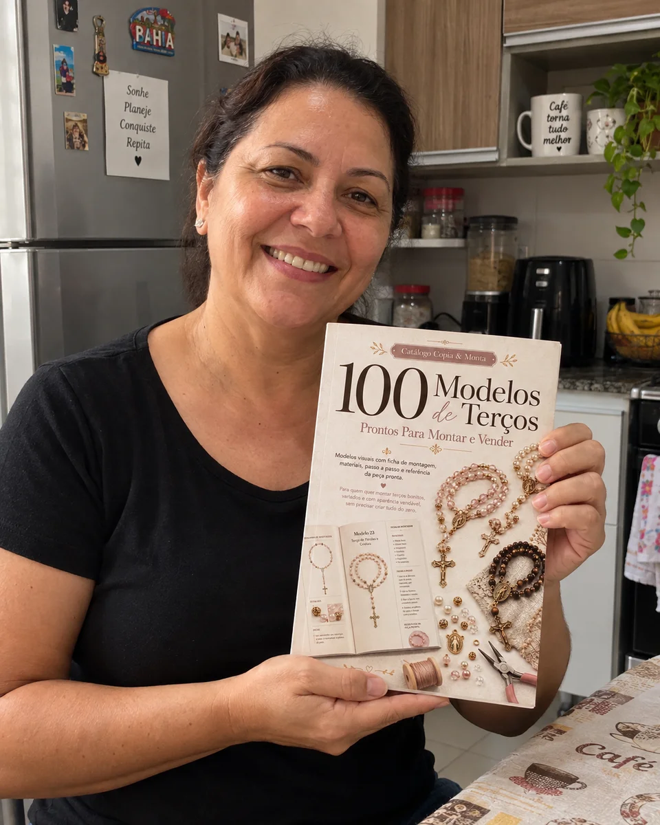 Mulher segurando o catálogo de modelos de terços