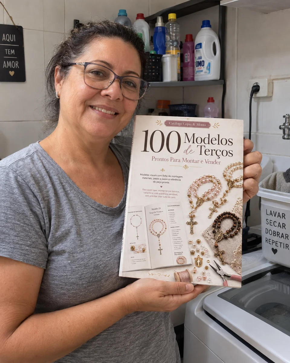 Mulher apresentando o Catálogo Técnico de Terços